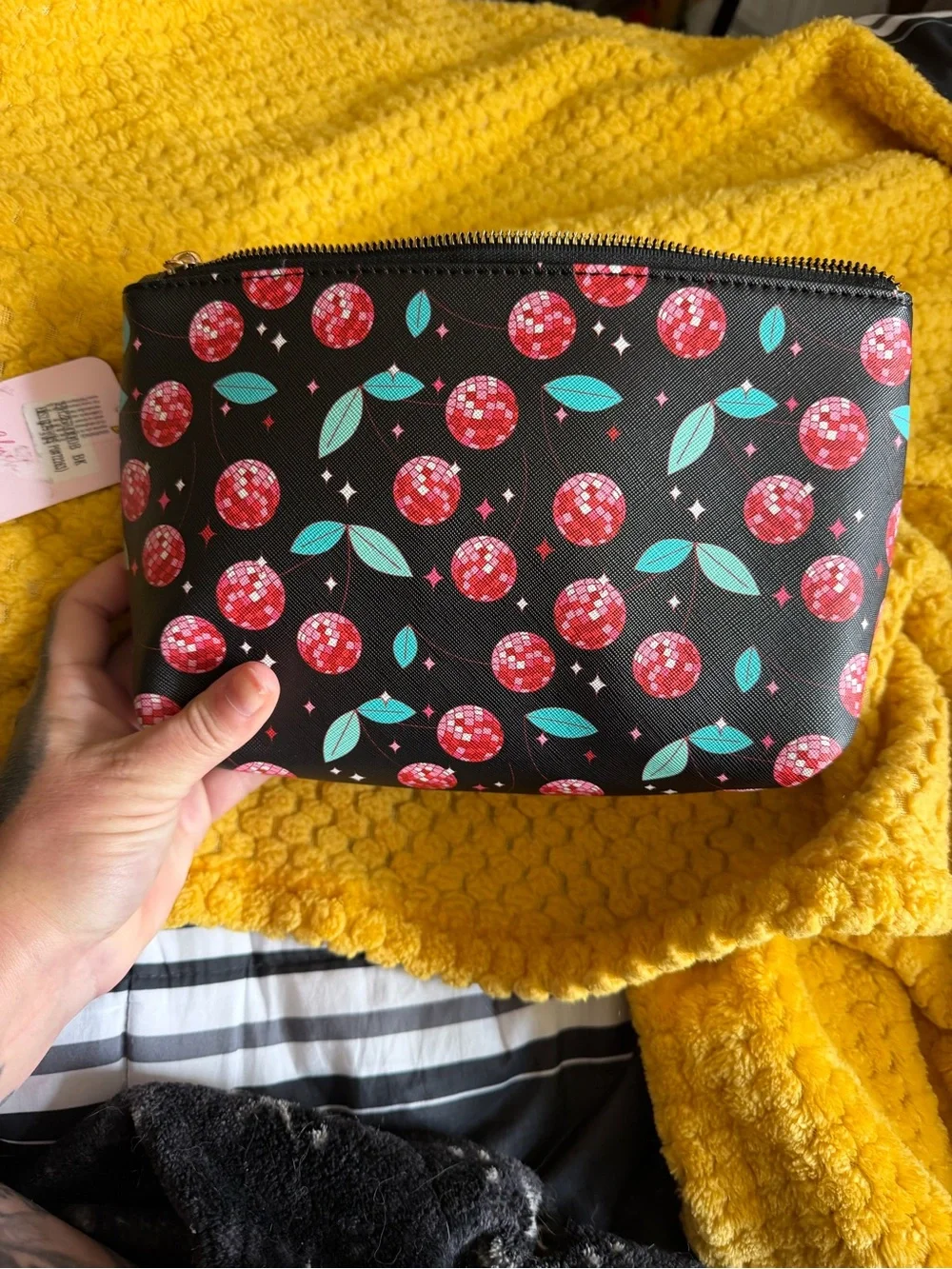 Cherry Print Cosmetic Pouch - Black with Red Cherries & Teal Leaves